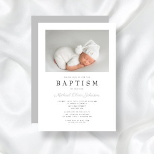 Invitation Grey Elegant Photo Boy Baptism