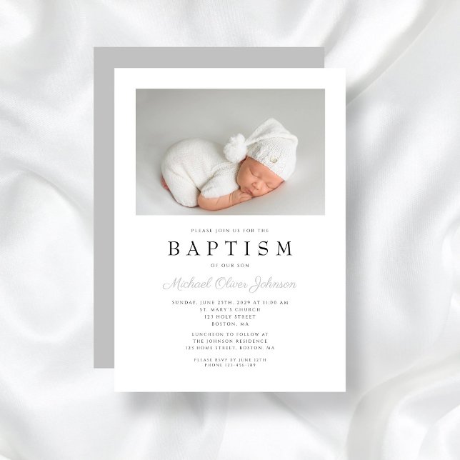 Invitation Grey Elegant Photo Boy Baptism (Gray Elegant Photo Boy Baptism Invitation)