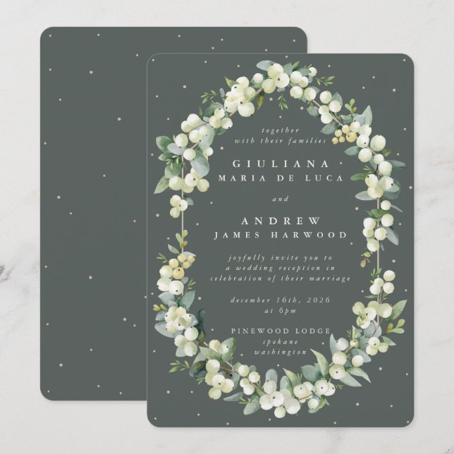 Invitation Grey Green Snowberry+Eucalyptus Réception uniqueme (Devant / Derrière)