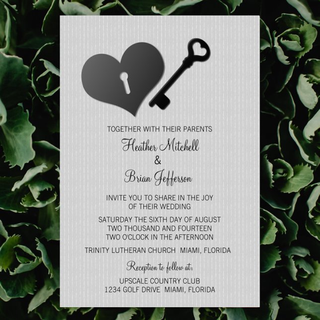 Invitation Grey Heart Lock et mariage clé Inviter (Gray Heart Lock and Key Wedding Invite)