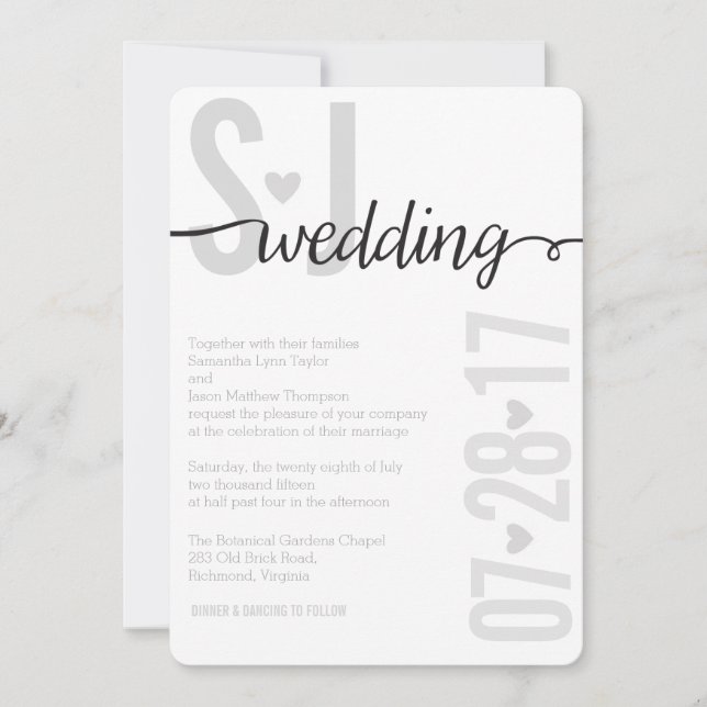 Invitation Grey Hearts & Chevron Bold Letters Wedding Invitat (Devant)