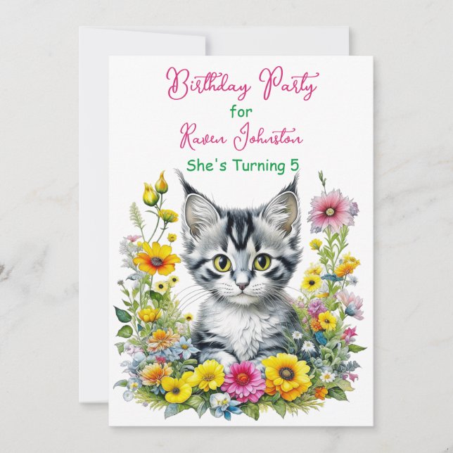 Invitation Grey Kitten Thème Floral Girl's Birthday Party (Devant)