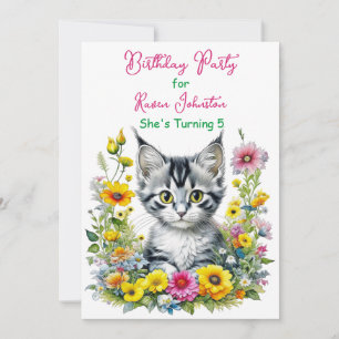 Invitation Grey Kitten Thème Floral Girl's Birthday Party