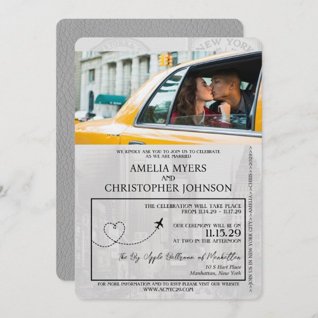 Invitation Grey New York City Passport Mariage (Devant / Derrière)