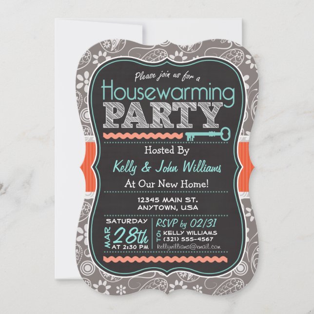 Invitation Grey Paisley; Chalkboard House Party (Devant)