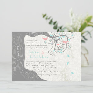 Invitation Grey Peachy Pink Minty Aqua Love Bird Wedding