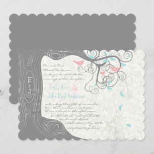 Invitation Grey Peachy Pink Minty Aqua Love Bird Wedding