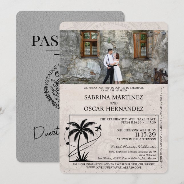 Invitation Grey Puerta Vallarta Passport Mariage (Devant / Derrière)