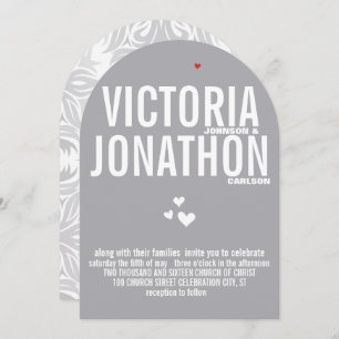 Invitation Grey Red Heart Grey Floral Typographie Mariage
