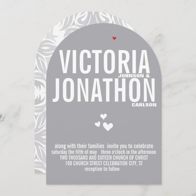 Invitation Grey Red Heart Grey Floral Typographie Mariage (Devant / Derrière)