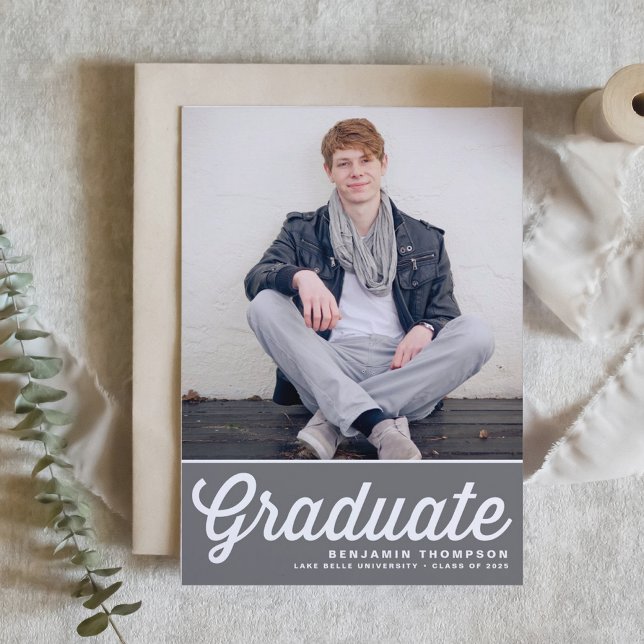 Invitation Grey Retro Bold Typographie Photo Graduation (Customizable class of 2025 photo graduation invitation featuring retro lettering. )