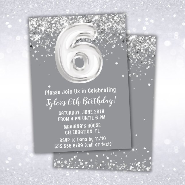 Invitation Grey Silver 6e fête d'anniversaire (Créateur téléchargé)