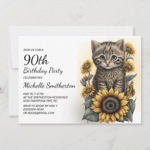 Invitation Grey Tabby Kitten Chat Sunflower 90e anniversaire