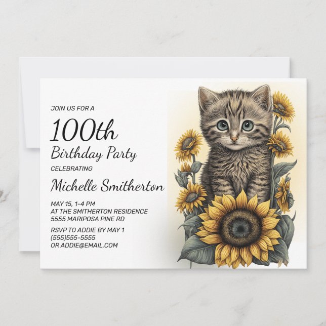 Invitation Grey Tabby Kitten Chat Sunflowers 100e anniversair (Devant)