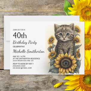 Invitation Grey Tabby Kitten Chat Sunflowers 40e anniversaire