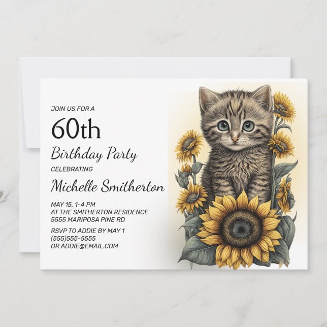 Invitation Grey Tabby Kitten Chat Sunflowers 60e anniversaire (Devant)
