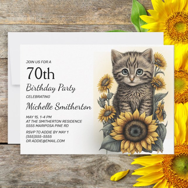Invitation Grey Tabby Kitten Chat Sunflowers 70e anniversaire (Créateur téléchargé)