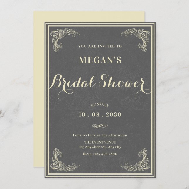 Invitation Grey vintage elegant baby shower  (Devant / Derrière)
