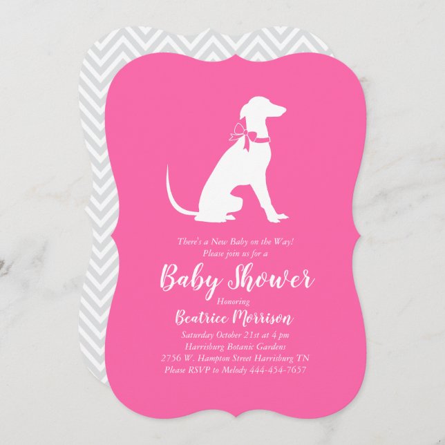 Invitation Greyhound Chien Baby shower fille rose (Devant / Derrière)