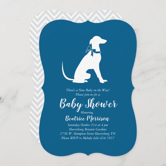 Invitation Greyhound Chien Baby shower Garçon bleu (Devant / Derrière)