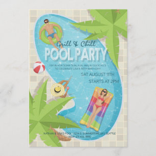 Invitation Grill and Chill Adult Birthday Pool Party Invitati