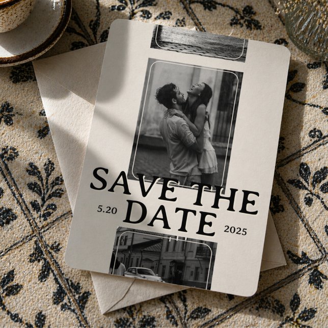 Invitation Grille de photos moderne avec une date d'enregistr (Modern Photo Grid with Bold Serif Save the Date Invitation)