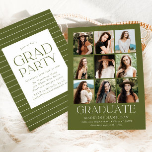 Invitation Grille moderne Olive Green 9 Photo Graduation Part
