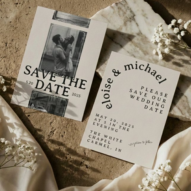 Invitation Grille photo moderne avec Gras Serif Enregistrer l (Modern Save the Date Card featuring a striking photo grid layout and bold serif typography.)