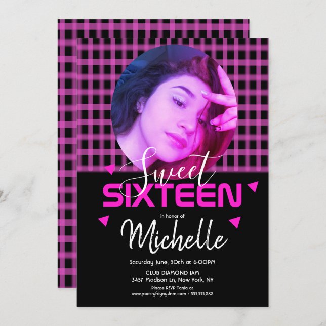 Invitation Grille photo Neon Pink Sweet sixteen (Devant / Derrière)