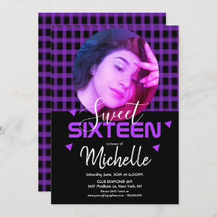 Invitation Grille photo Neon Purple Sweet sixteen