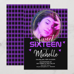 Invitation Grille photo Neon Purple Sweet sixteen Gold