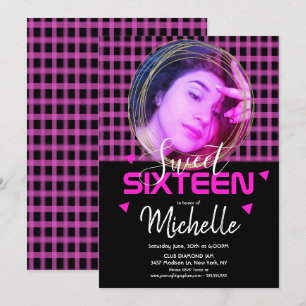 Invitation Grille photo Neon Sweet sixteen rose Gold