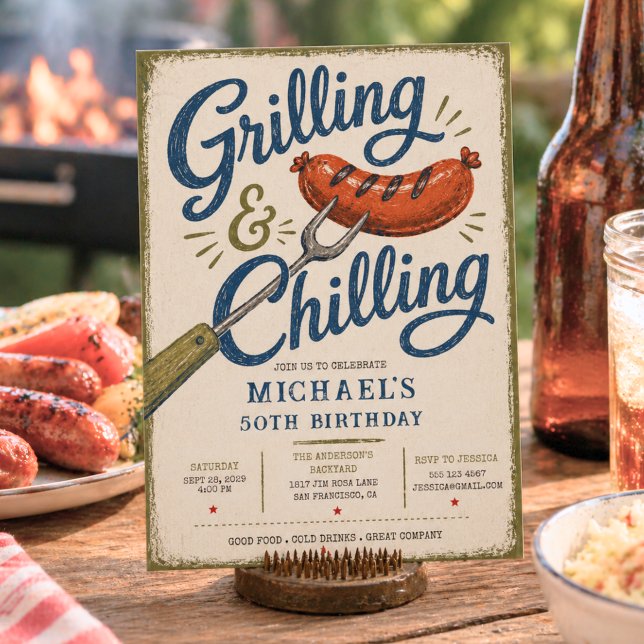 Invitation Griller & Réjouir Barbecue 50e Anniversaire (Grilling & Chilling BBQ 50th Birthday Invitation)