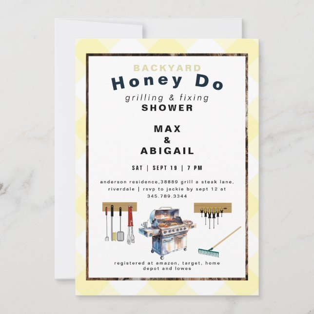 Invitation Griller & Réparer douche pour couples jaunes (Devant)