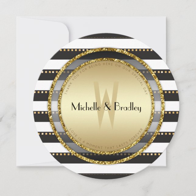 Invitation Grilles funky noir blanc et Mariage rond or (Devant)