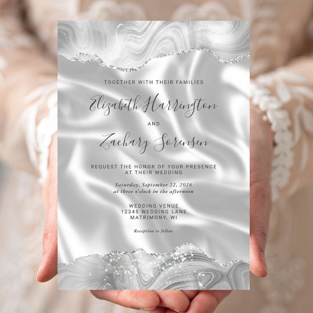 Invitation Gris Argent Agate Blanc Soie Mariage (Créateur téléchargé)