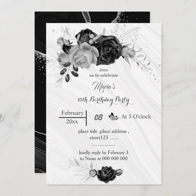 Invitation gris argent et fleurs noires anniversaire (Devant / Derrière)
