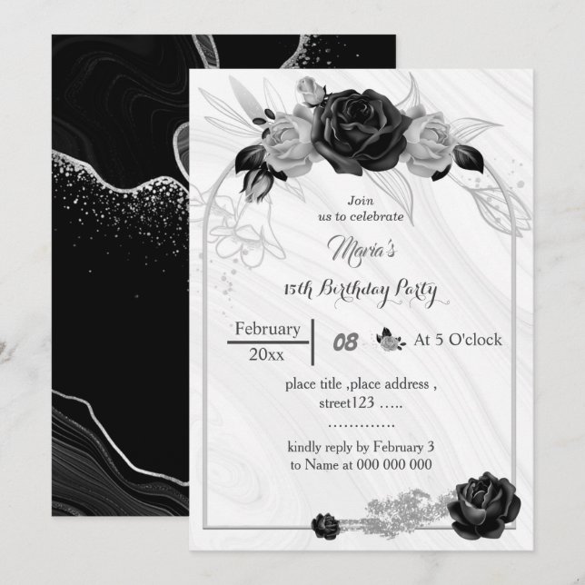 Invitation gris argent et fleurs noires anniversaire (Devant / Derrière)
