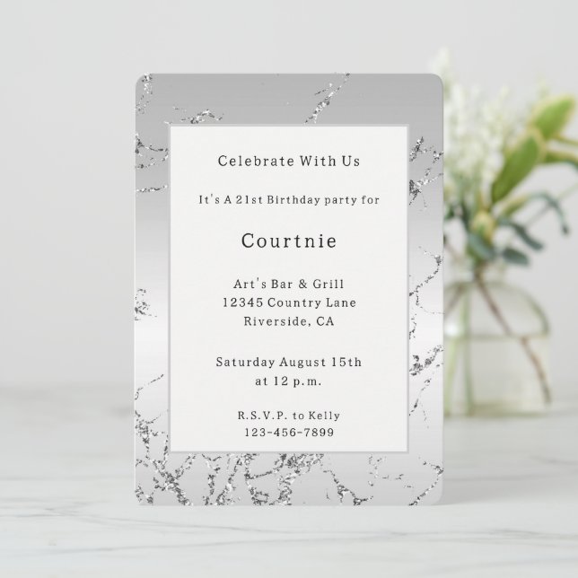 Invitation Gris Argent Pailleté Faux Anniversaire Glitter   (Debout devant)