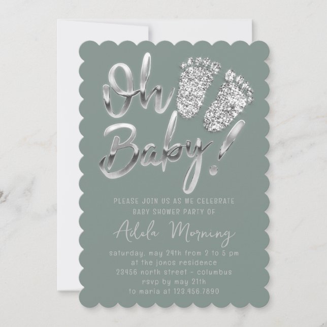 Invitation Gris Argent Pieds bébé fille garçon douche fumée v (Devant)