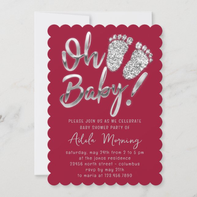 Invitation Gris Argent Pieds bébé fille garçon douche rouge B (Devant)
