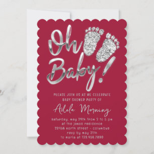 Invitation Gris Argent Pieds bébé fille garçon douche rouge B