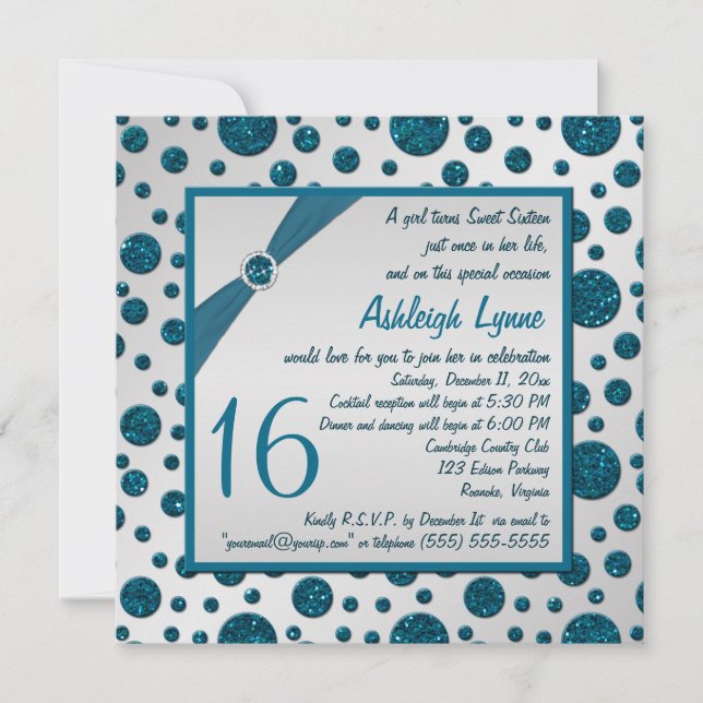 Invitation Gris argenté, bonbon turquoise 16 à point de polka (Devant)