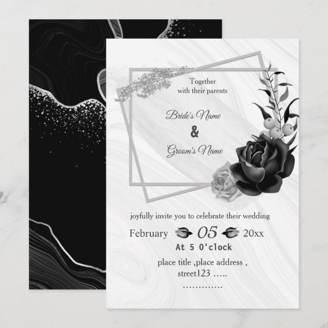 Invitation gris argenté et noir mariage géométrique botanique (Devant / Derrière)