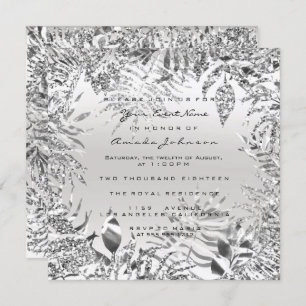 Invitation Gris argentéMétal Tropical Leaf Blanc Cadre