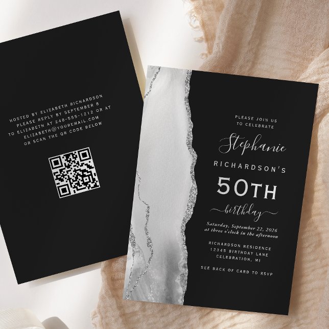 Invitation Gris Blanc Argent Agate Code QR 50e Anniversaire (Créateur téléchargé)