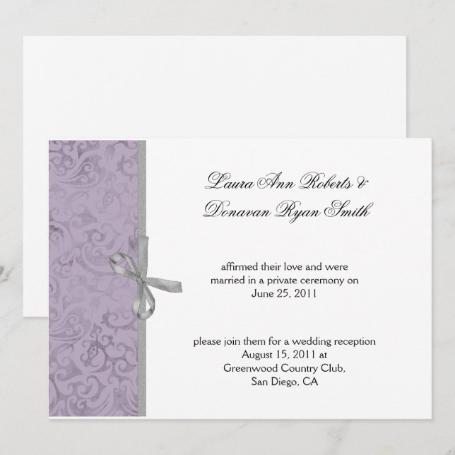 Invitation Gris Blanc Damassé Violet Clair Après-Mariage (Devant / Derrière)