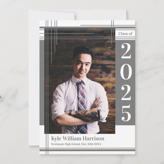 Invitation Gris Blanc École Couleur Graduation Photo Plaid (Devant)