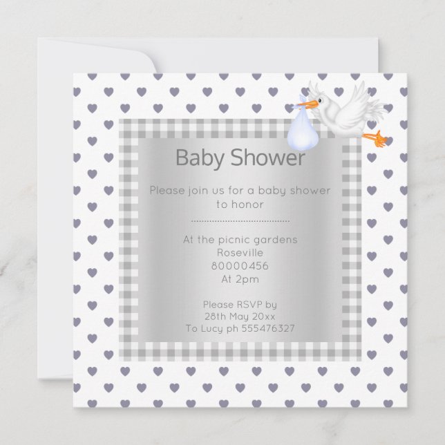 Invitation Gris blanc En vichy bébé douche simple cigogne (Devant)