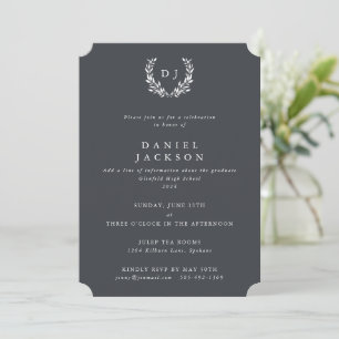 Invitation Gris + Blanc Monogramme Laurel Wreath Graduation